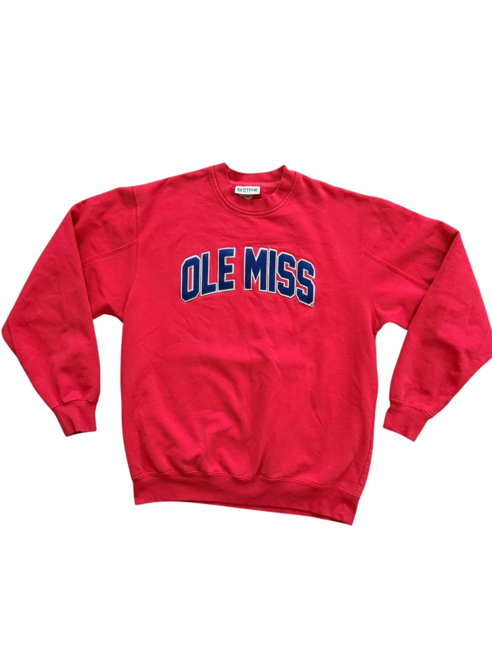 Majestic Ole Miss Red Crewneck Sweatshirt with Blue Lettering